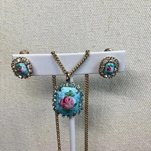 Blue and Gold Glass and Rhinestone Necklace and Earrings Set Dainty Vintage